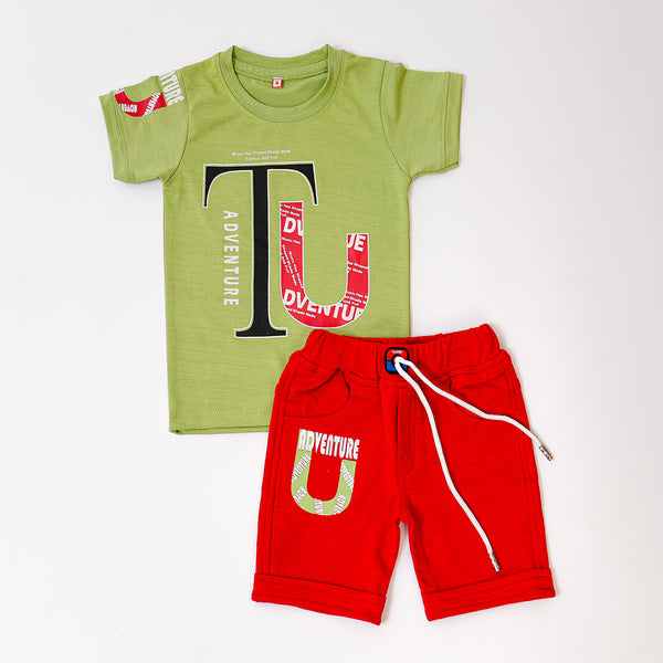 Boys Green Red Adventure UP Tshirt shorts combo