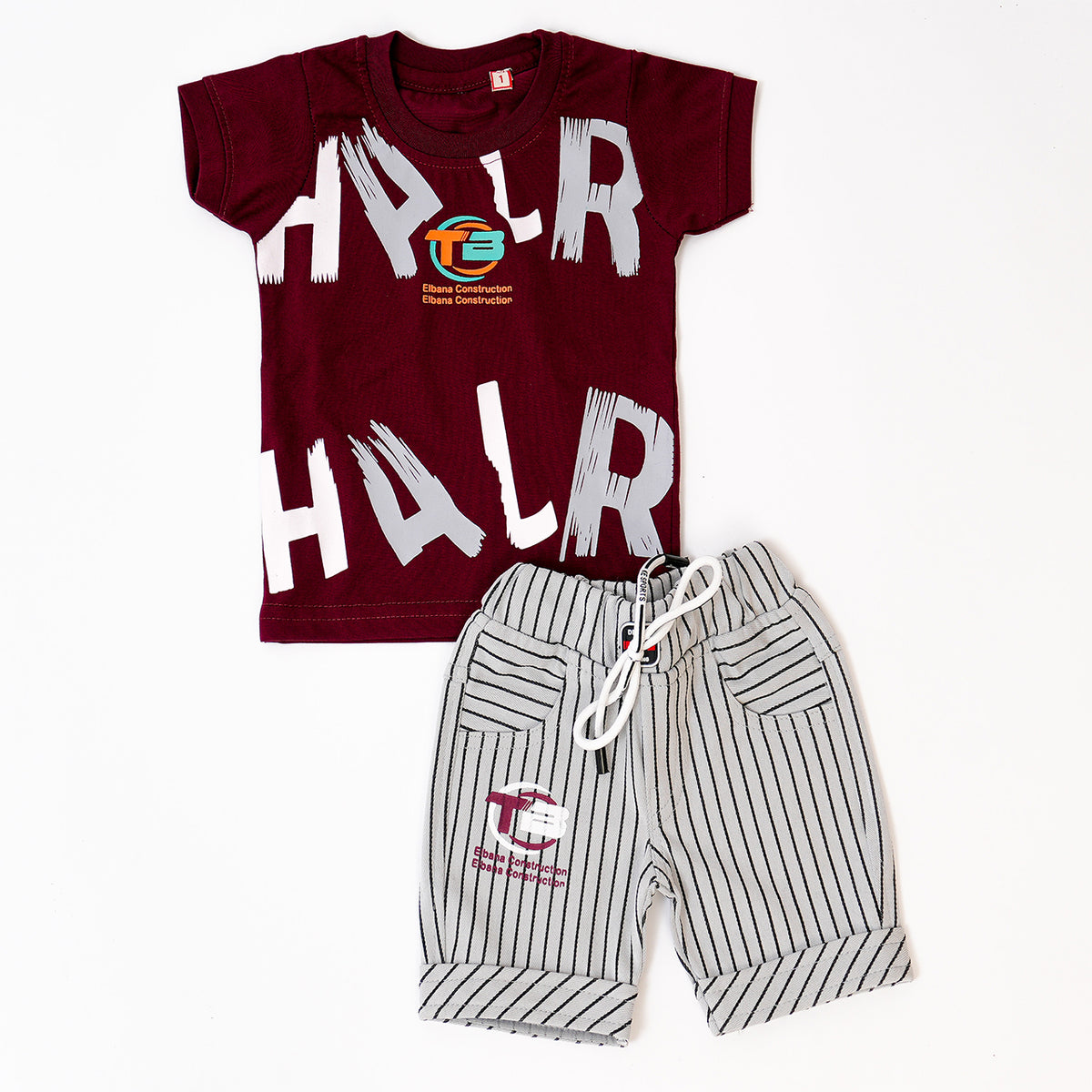 Boys Maroon Grey Stripped print Tshirt shorts combo