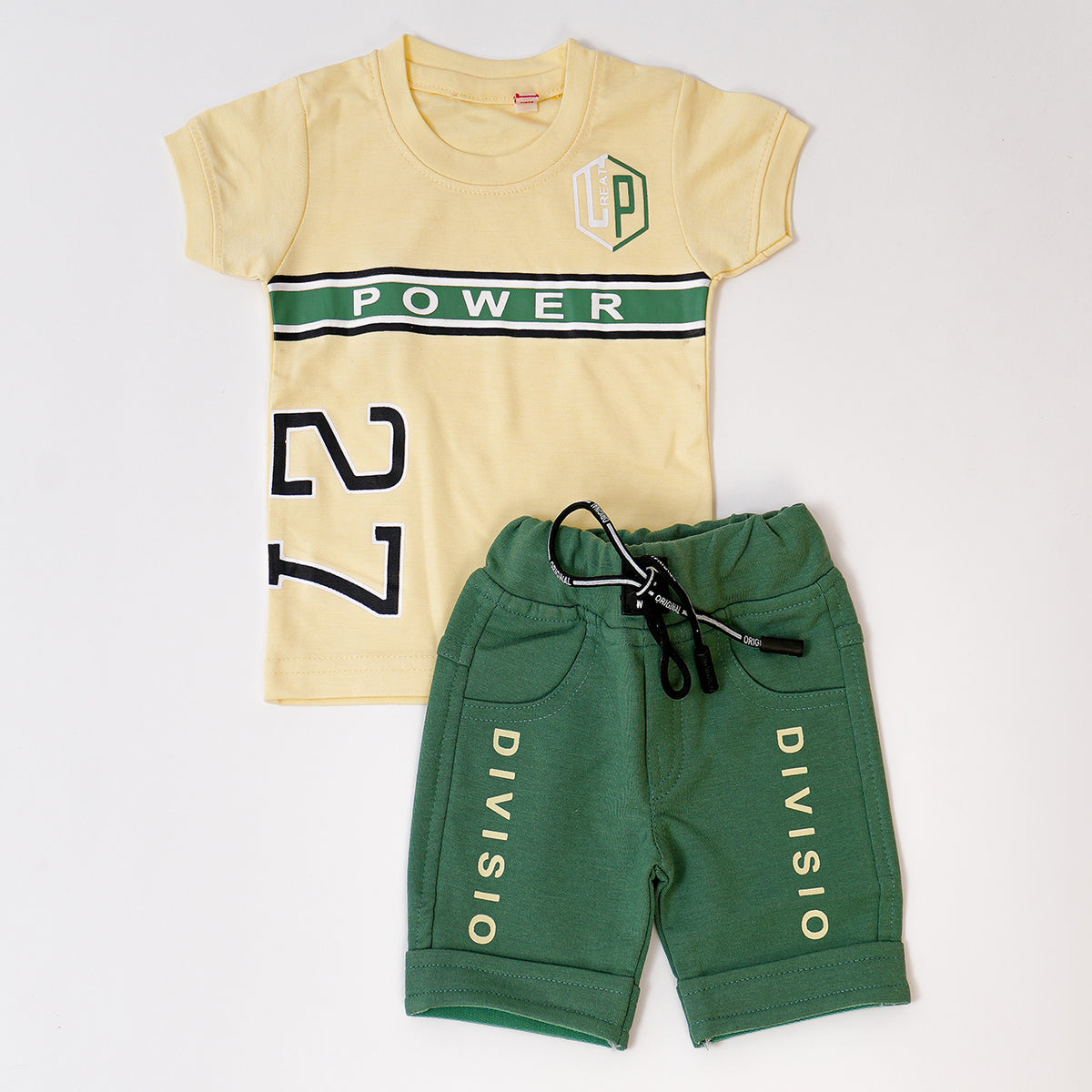 Boys Green yellow Greatpower Tshirt shorts combo