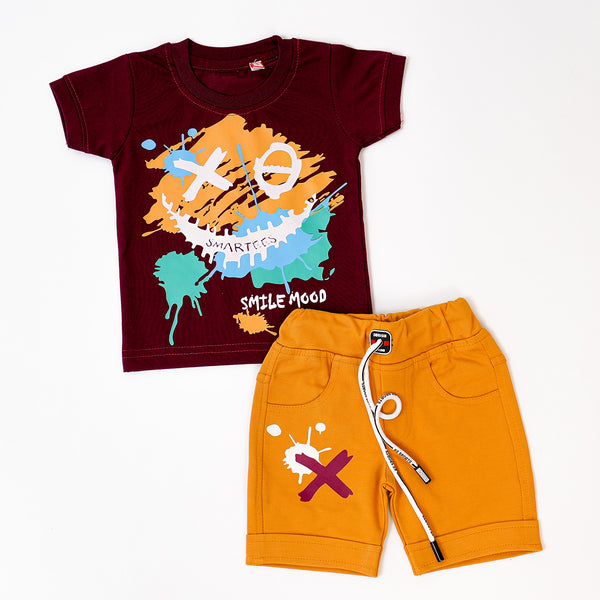 Boys yellow maroon Smile mood Tshirt shorts combo