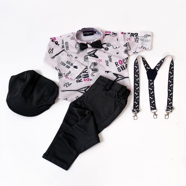 Boys Rock & Roll white black shirt pant set with suspender bow & Cap