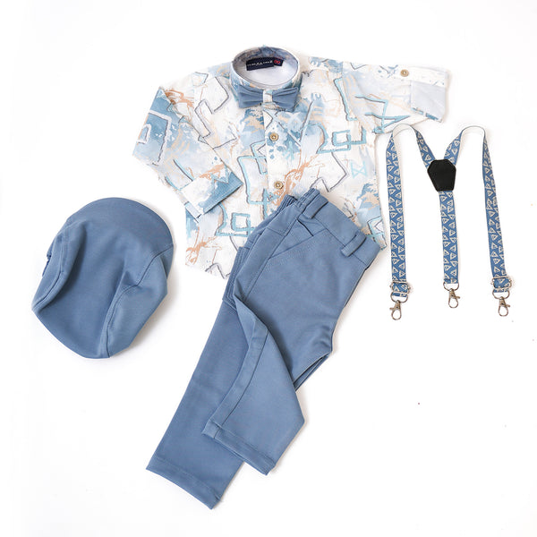 Boys steel blue digital print shirt pant set with suspender bow & cap