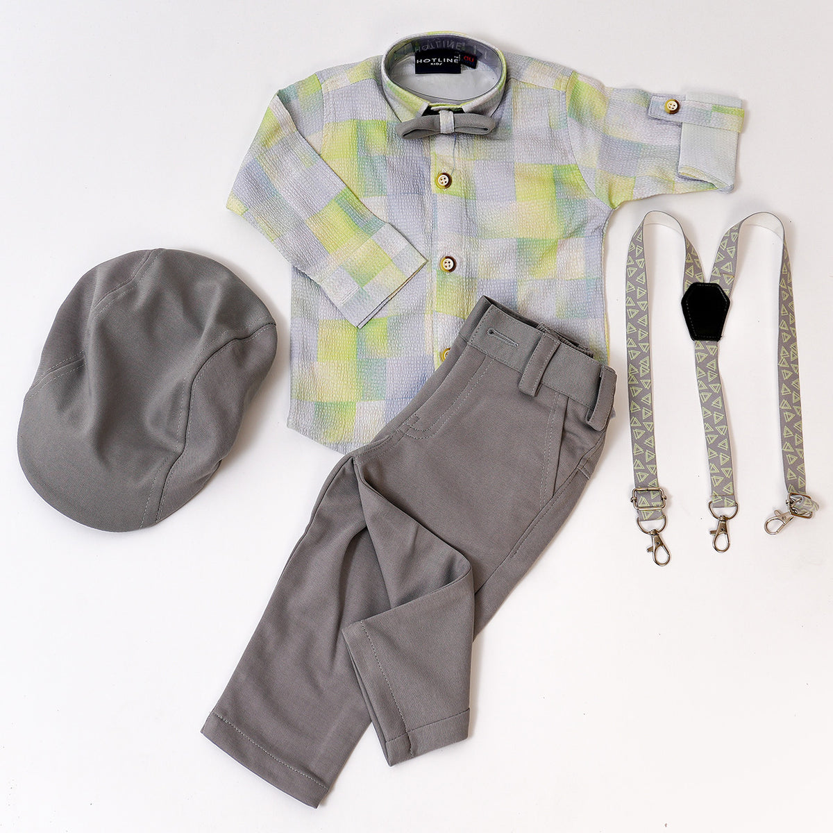 Boys Neon Grey shirt pant set with Suspender Bow & Cap