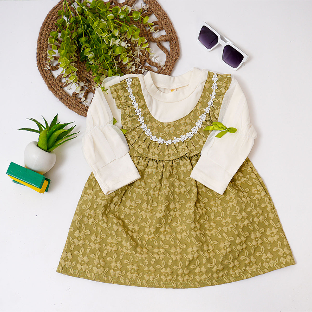 Floral String Green Ruffled Frock