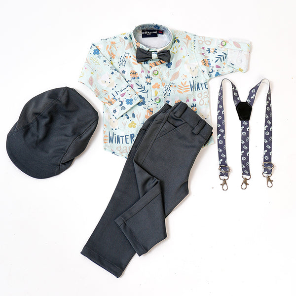 Boys Tropical Print shirt pant set with suspender bow & cap