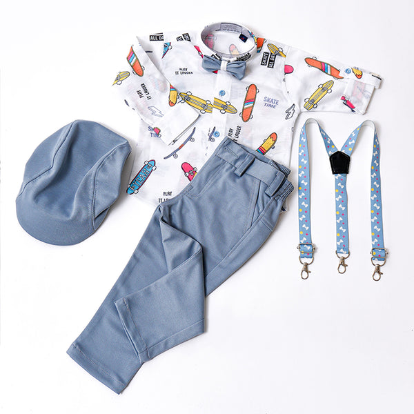 Boys Hoverboard white grey shirt pant set with suspender bow & cap